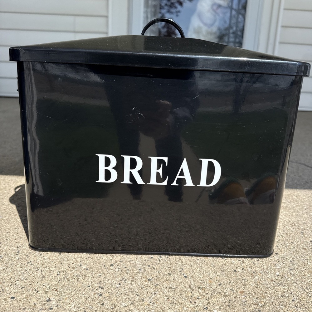 Vintage Black  Metal BREAD Box Kitchen Storage Bin Enamel Farmhouse Lid